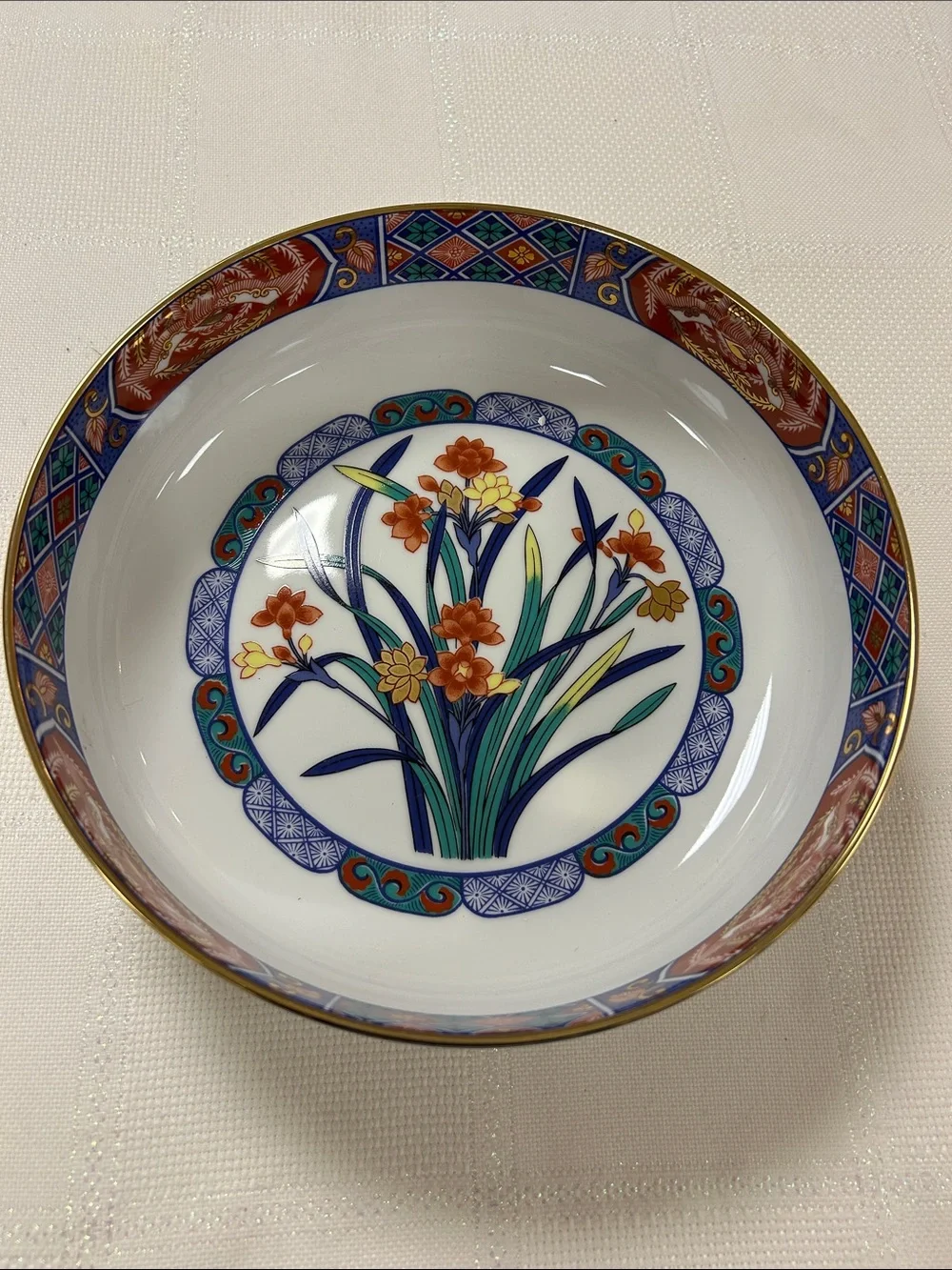Decorative Floral Porcelain Bowl with Gold Trim